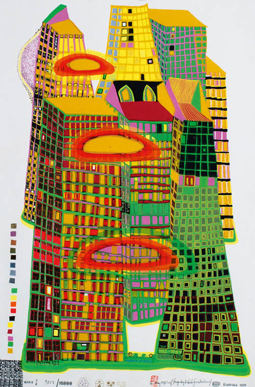 Hundertwasser - Good Morning City - Bleeding Town - series ZZ - 1969 color screenprint